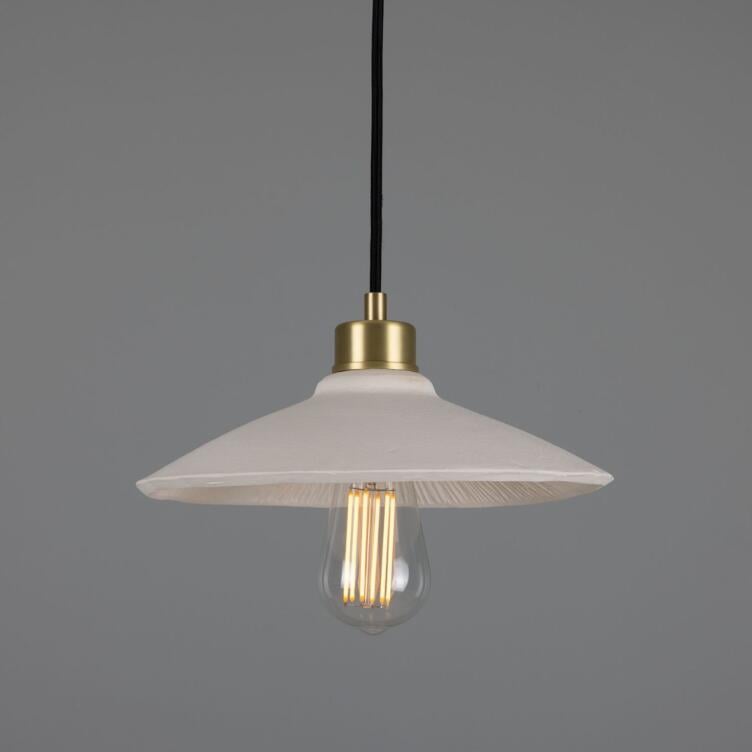 Pyrus Organic Ceramic Pendant Light 28cm, Matte White Striped, Satin Brass