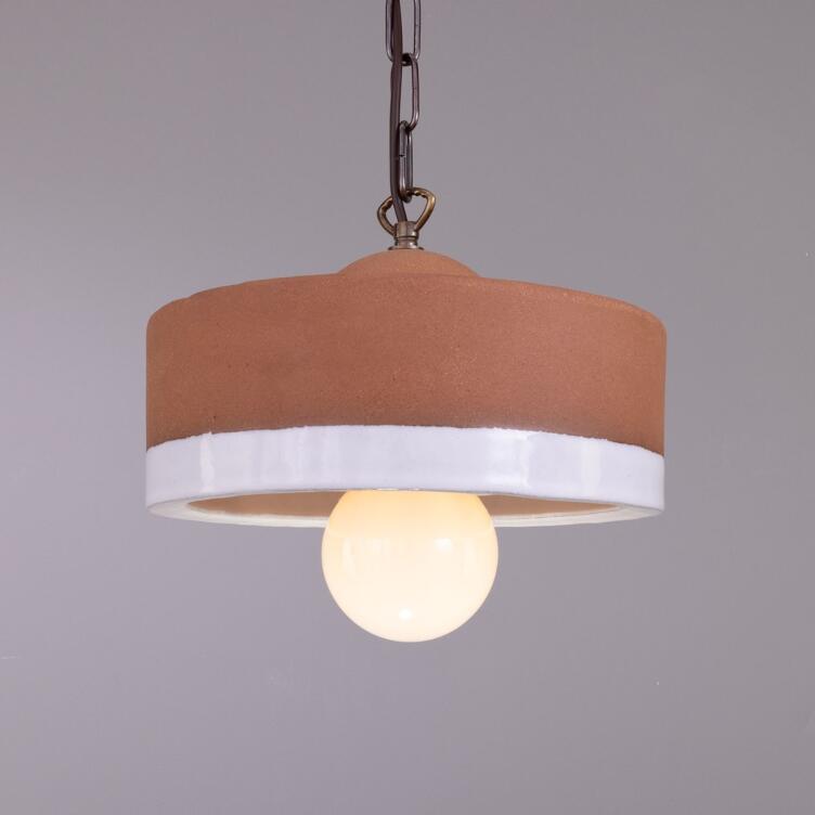 Seville Ceramic Mid-Century Modern Pendant Light, Terracotta and White Glaze, Antique Brass