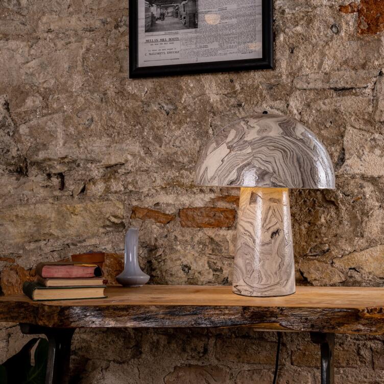 Amanita Large Marbled Ceramic Mushroom Table Lamp, Powder-Coated Matte Black