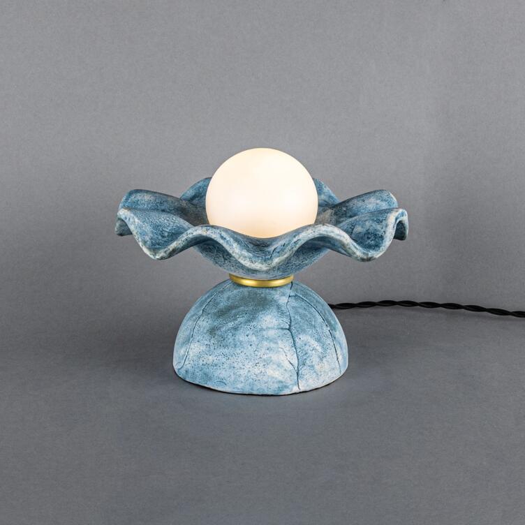 Rivale Table Lamp with Wavy Ceramic Shade, Blue Earth, Satin Brass