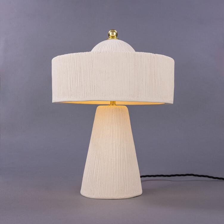 Seville Ceramic Mid-Century Modern Table Lamp, Matte White Striped, Polished Brass