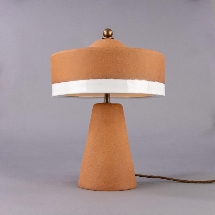 Seville Ceramic Mid-Century Modern Table Lamp, Terracotta and White Glaze, Antique Brass