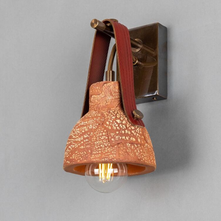 Nagi Organic Ceramic Wall Light with Rescued Fire-Hose Strap, Red Iron, Antique Brass with Red Rescued Fire-Hose Strap