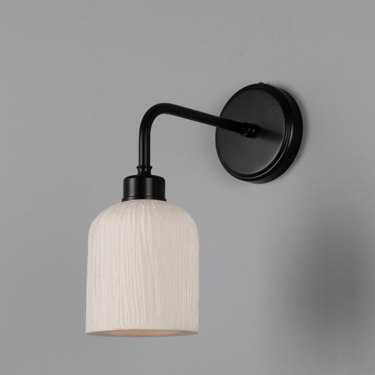 Osier Organic Ceramic Wall Light, Matte White Striped, Powder-Coated Matte Black