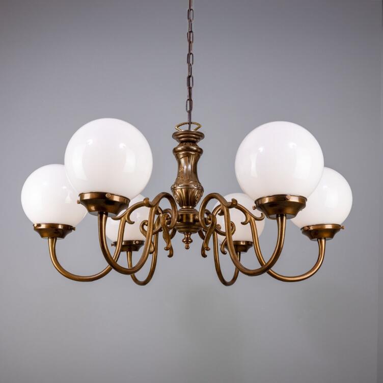 Carnew Traditional Chandelier with Opal Glass Globes, Six-Arm, Antique Brass
