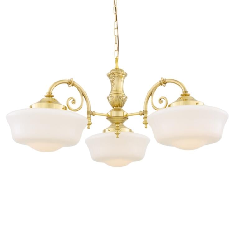 Clones three-arm 1920's schoolhouse chandelier,
Polished Brass, 