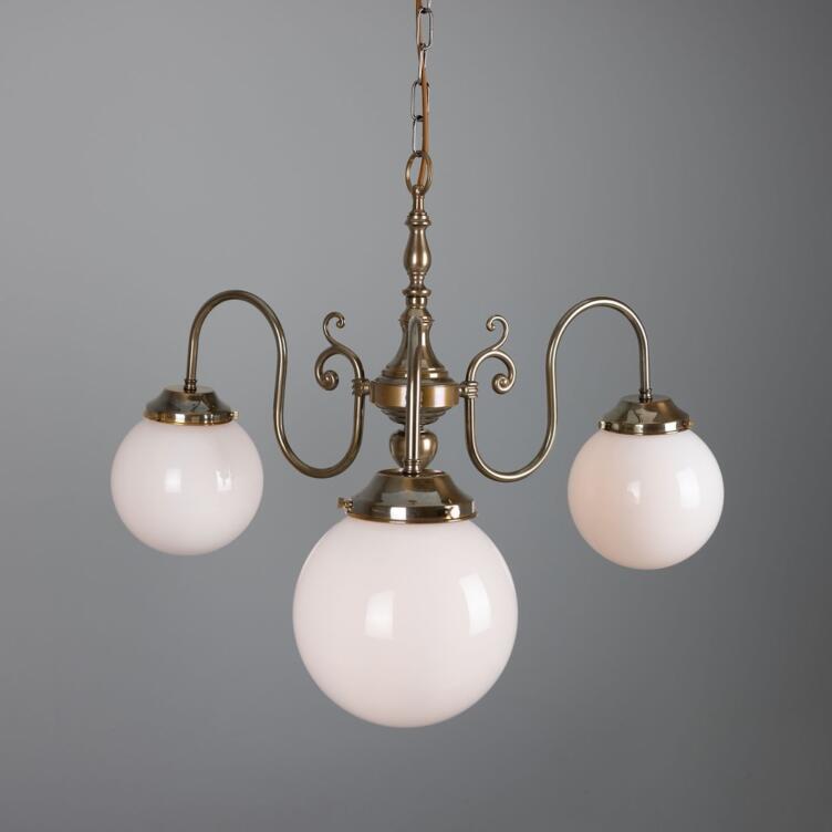 Eldron Traditional Chandelier with Opal Globes, Three-Arm, Antique Brass