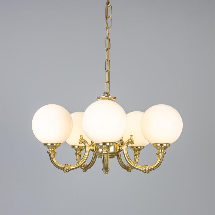 Ben Ornate Brass Chandelier with Opal Glass Globes, Five-Arm, Polished Brass Ben Ornate Brass Chandelier with Opal Glass Globes, Five-Arm, Polished Brass