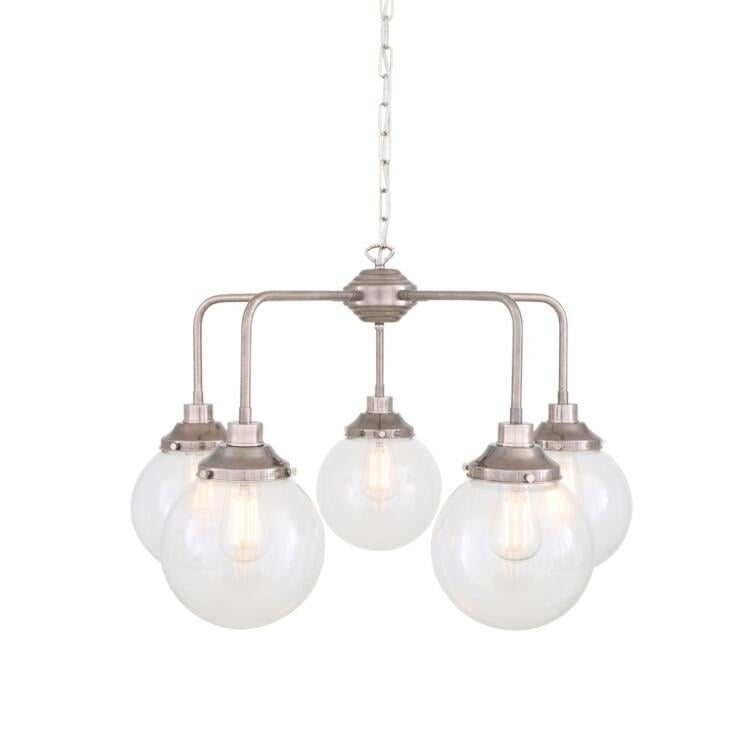 Rome Mid-Century Single Tier Brass Chandelier with Clear Glass Globe Shades, Five-Light