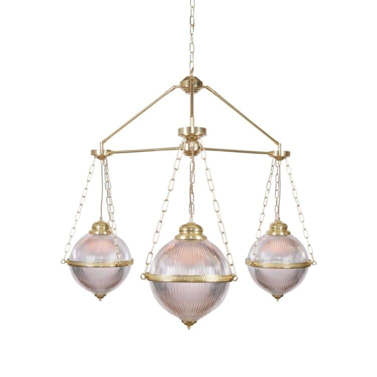 Blaenau Holophane Glass Polished Brass Chandelier, Three-Arm