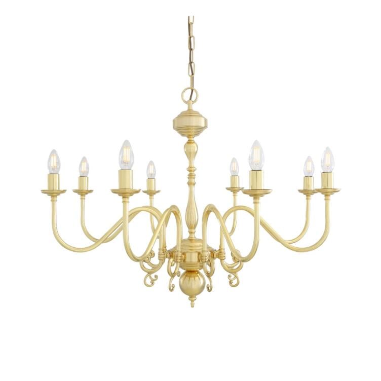 Flemish Candle-Style Brass Single Tier Chandelier, Eight-Light