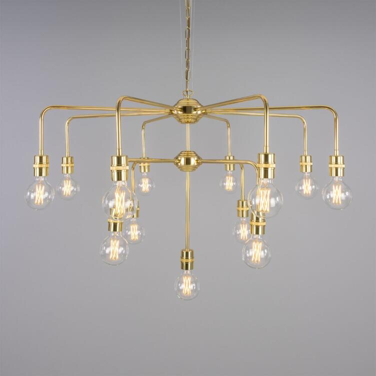 Pisa Three-Tier Bare Bulb Brass Chandelier, 13-Light