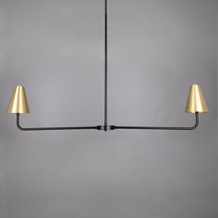 Riverton Black Minimalist Island Chandelier, Satin Brass Shades