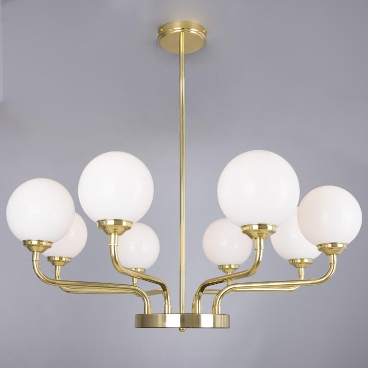 Branford Opal Glass Globe Polished Brass Chandelier, Eight-Arm