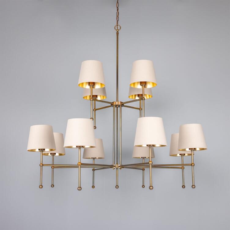 California Modern Brass Two-Tier Chandelier, 12-Arm, Antique Brass