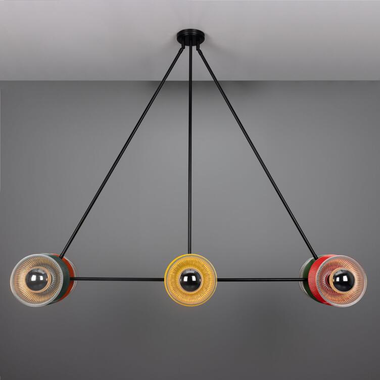 Eclipse Multicoloured Holophane Glass Dish Chandelier, Powder-Coated Matte Black