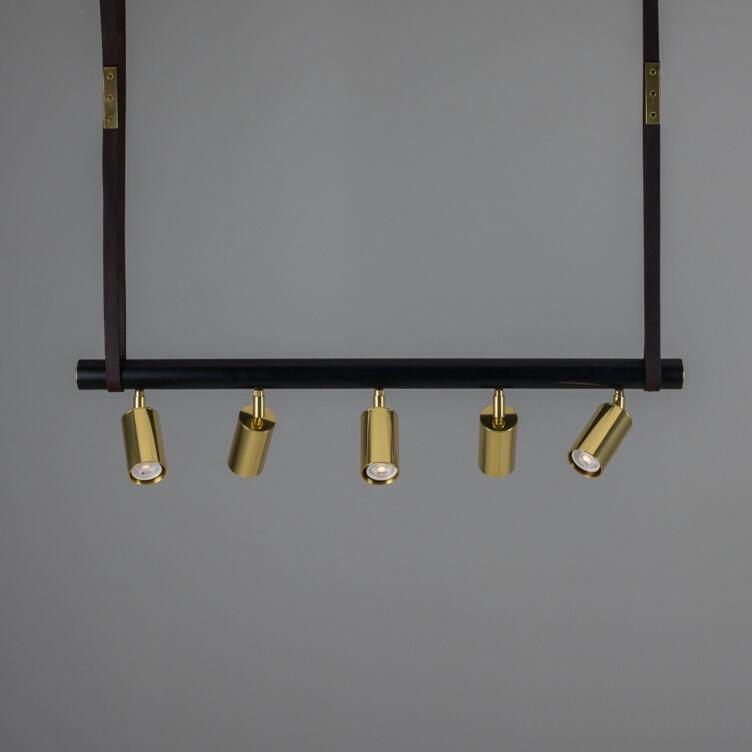 Holmes Linear Island Pendant with Leather Straps, Five-Light, Powder-Coated Matte Black and Polished Brass