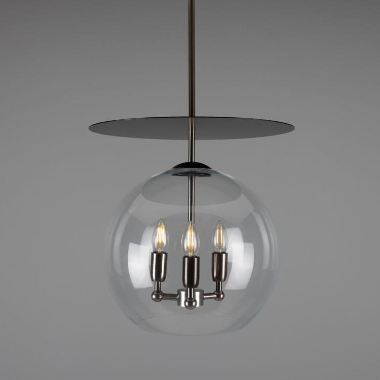 Casablanca Modern Open Glass Globe Mini Chandelier with Disc, Three-Light, Antique Silver and Powder-Coated Matte Black