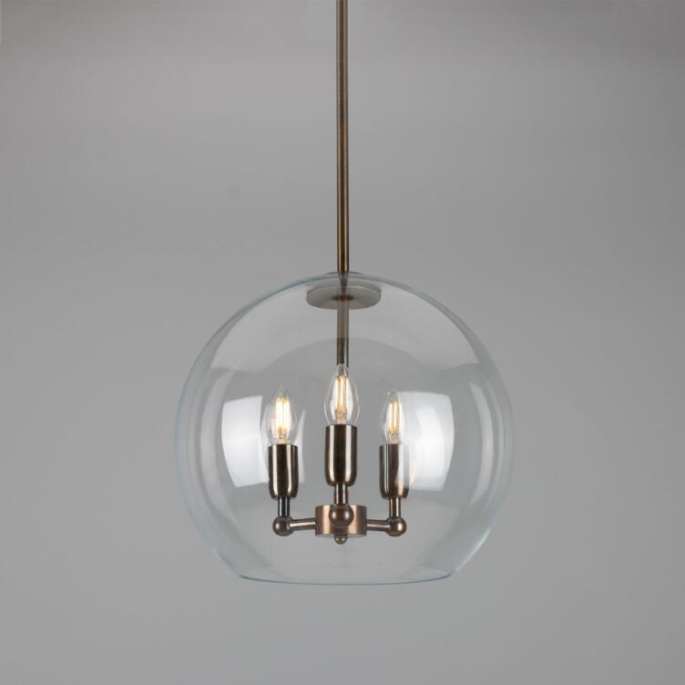 Clermont Modern Mini Chandelier with Open Glass Globe, Three-Light, Antique Brass