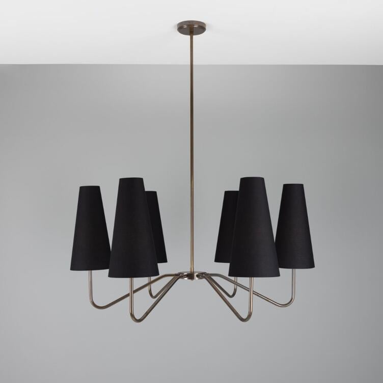 Para Modern Brass Chandelier with Fabric Shades, Six-Arm, Antique Brass with Black Shades