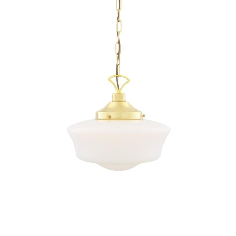 1920's Schoolhouse Opal Glass Pendant Light 35cm, Polished Brass