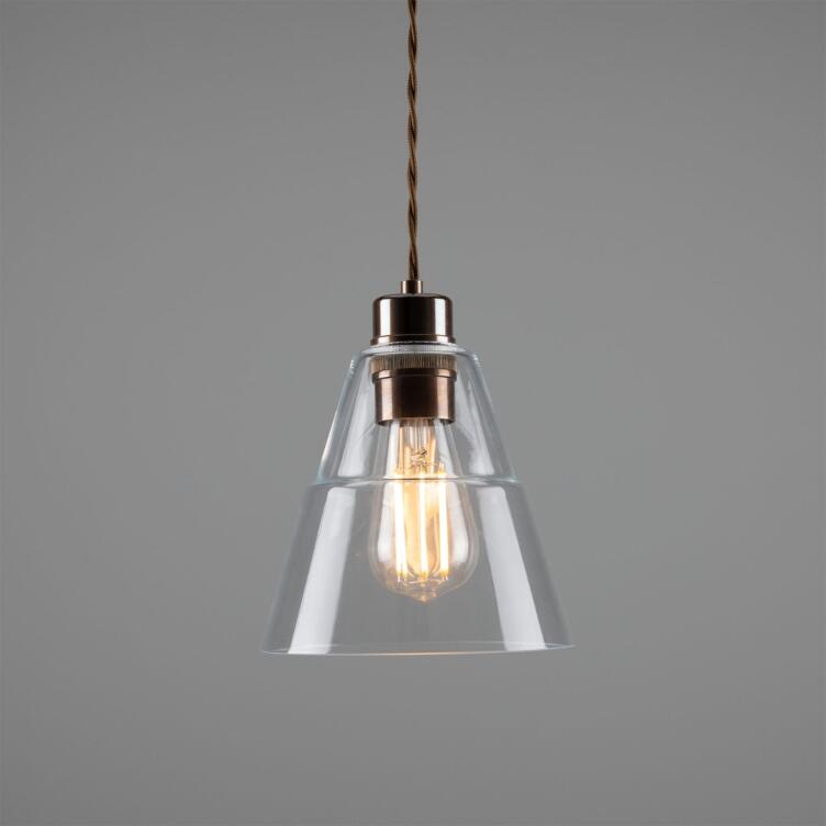 Lyx Contemporary Clear Glass Cone Pendant Light 18cm, Antique Brass