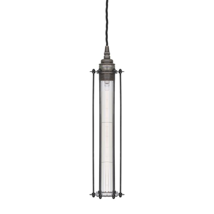 Beirut Industrial Slender Cage Pendant Light, Antique Silver