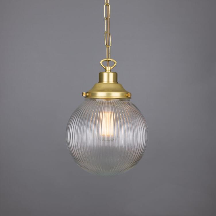 Fitzroy Small Holophane Glass Globe Pendant Light 20cm, Satin Brass