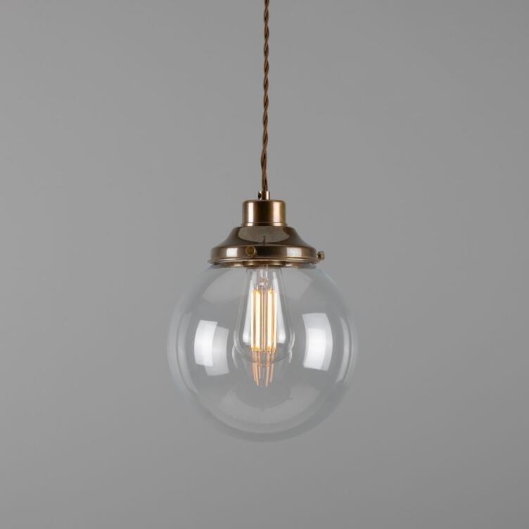 Virginia Small Clear Glass Globe Pendant Light 20cm, Antique Brass