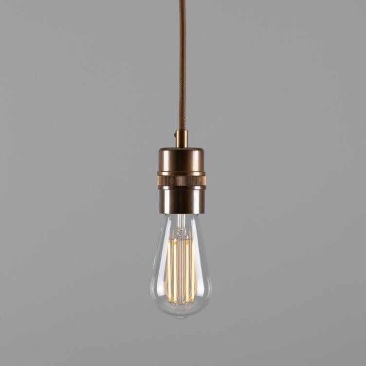 Devon Minimalist Exposed Bulb Brass Pendant Light, Antique Brass