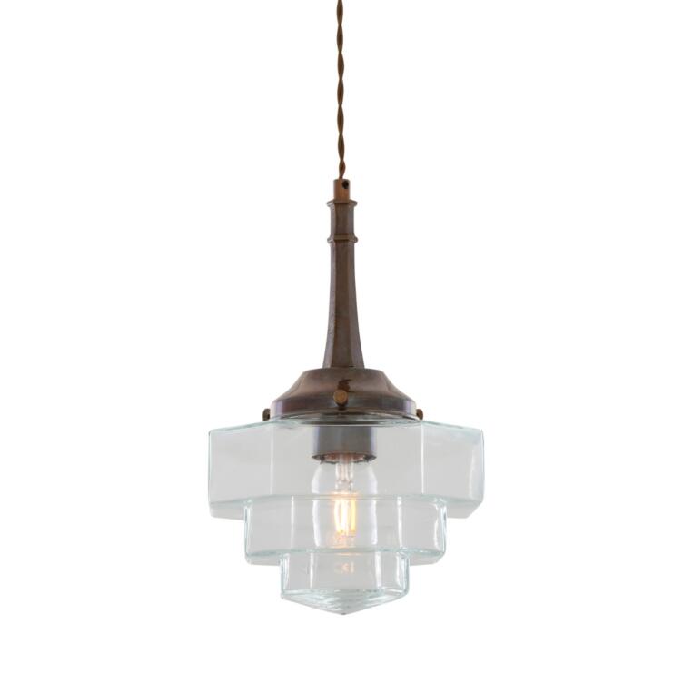 Novato Pendant with Hexagonal Stepped Glass Shade, Antique Brass