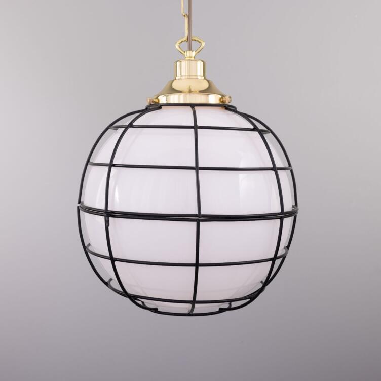 Hudson Vintage Glass Globe Cage Pendant Light 30cm, Polished Brass and Opal Glass