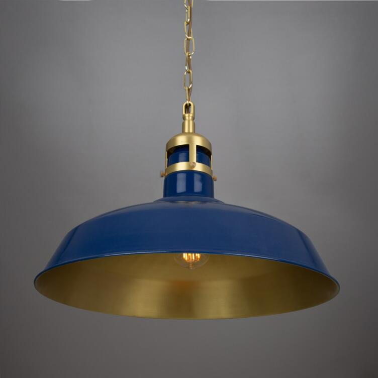 Matlock Large Vintage Factory Brass Pendant Light 19.7", Satin Brass, Sapphire Blue