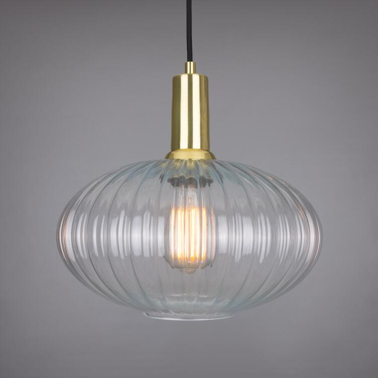 Neith Oval Reeded Glass and Brass Pendant 30cm, Polished Brass