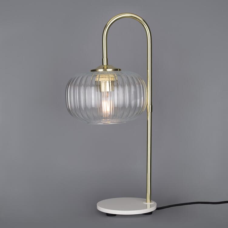 Aurora Reeded Glass and Brass Table Lamp, Polished Brass, White Base
