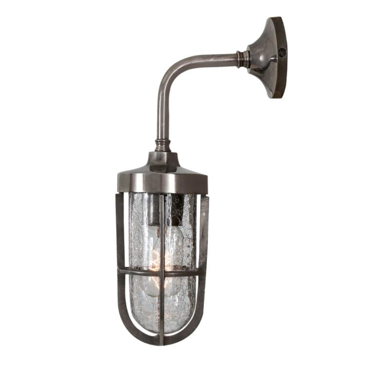 Carac Industrial Well Glass Outdoor Wall Light IP65, Antique Silver and Crackled Glass