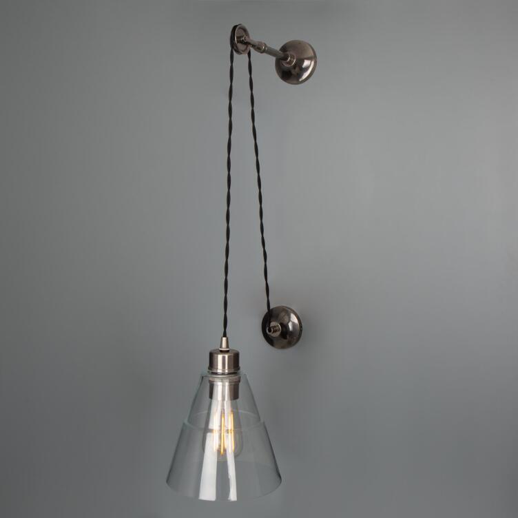 Rigale Industrial Pulley Wall Light with Stepped Glass Lamp Shade, Antique Silver