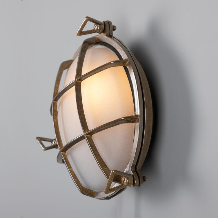 Evander Marine Round Bulkhead Wall Light 19cm IP54, Antique Brass, Clear Glass