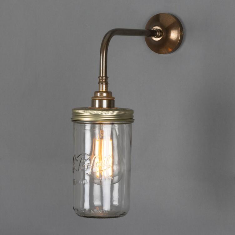 Vintage Jam Jar Glass Wall Sconce, Antique Brass