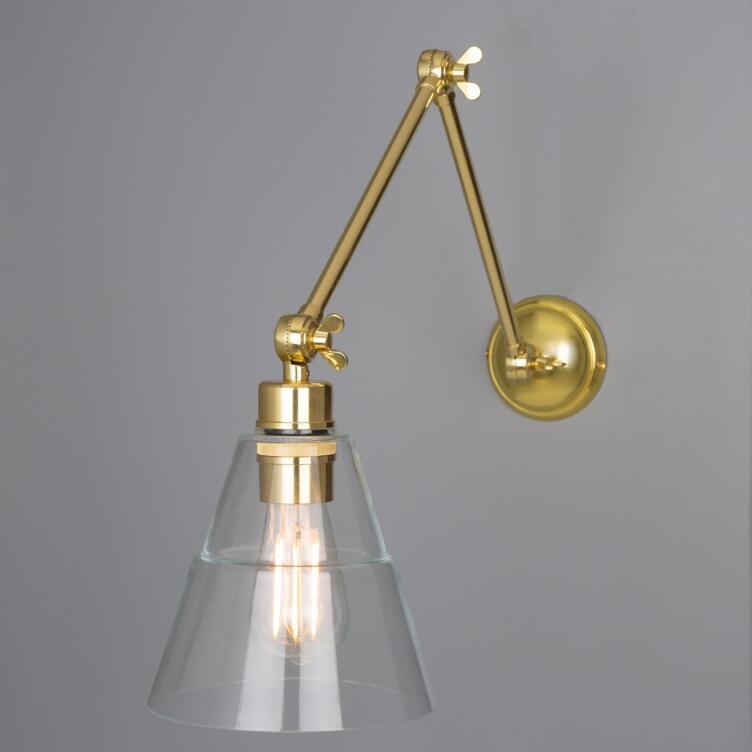 Lyx Clear Glass Cone Adjustable Arm Wall Light, Polished Brass