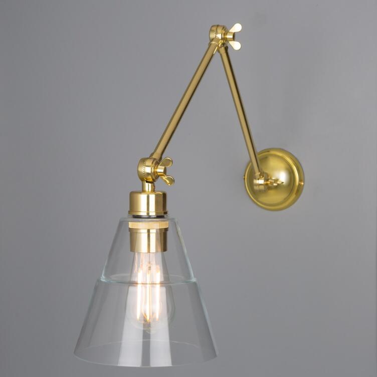 Lyx Clear Glass Cone Adjustable Arm Wall Sconce, Polished Brass