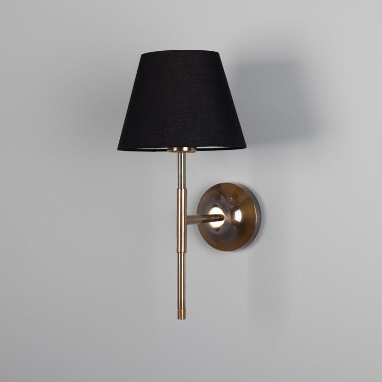 Tenby Modern Brass Wall Sconce with Fabric Shade, Antique Brass with Black Shade