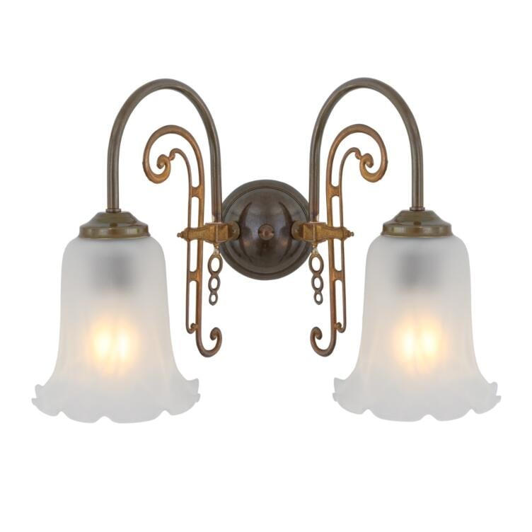 Medan Two-Arm Wall Light with Etched Glass Shades, Antique Brass