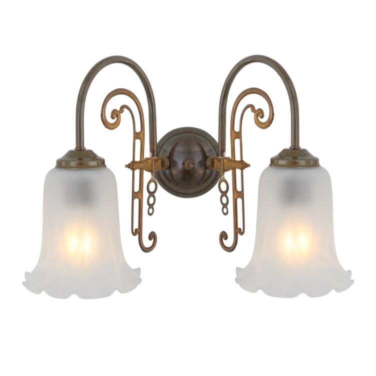 Medan Two-Arm Wall Sconce with Etched Glass Shades, Antique Brass