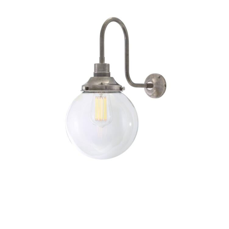 Riad Clear Glass Globe Swan Neck Wall Sconce 20cm, Antique Brass