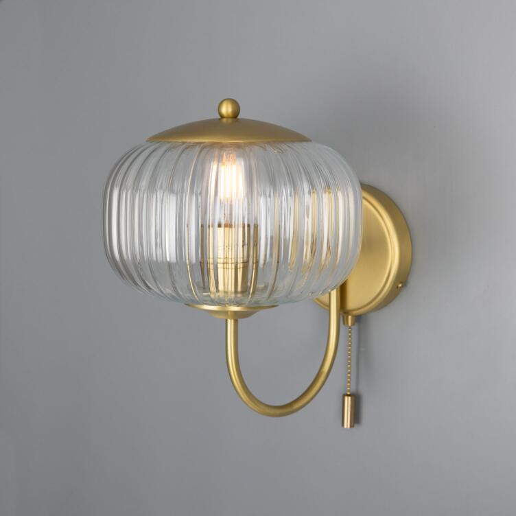 Nehir Reeded Glass Wall Light with Pull Switch, Satin Brass