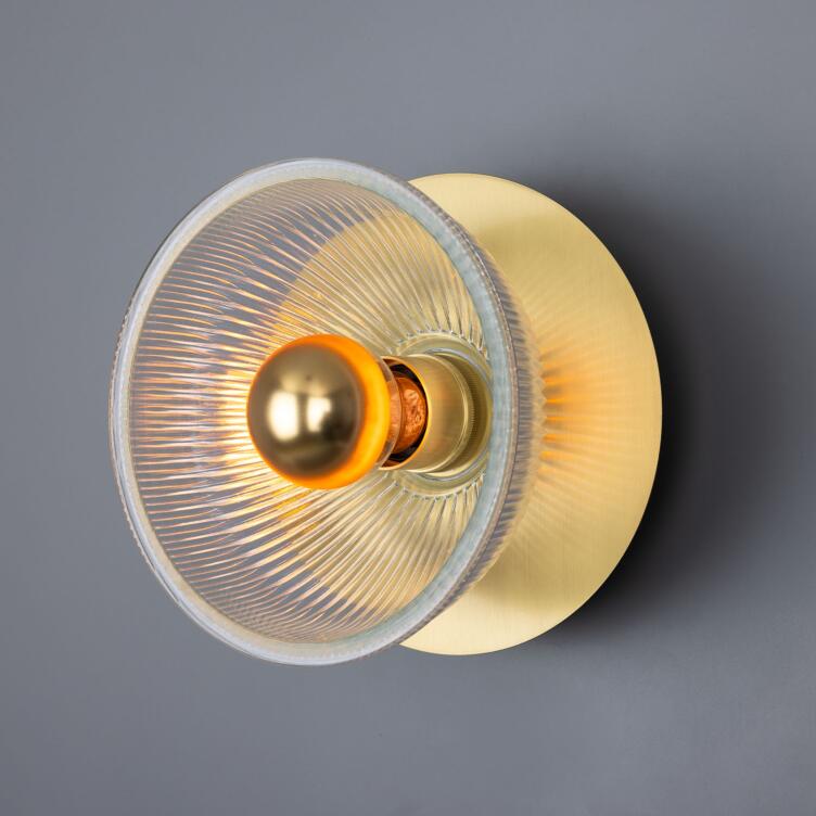 Eclipse Brass and Holophane Glass Dish Wall Light, Satin Brass