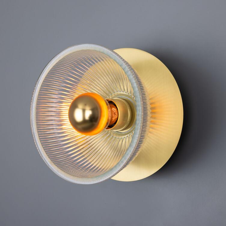 Eclipse Brass and Prismatic Glass Dish Wall Sconce, Satin Brass