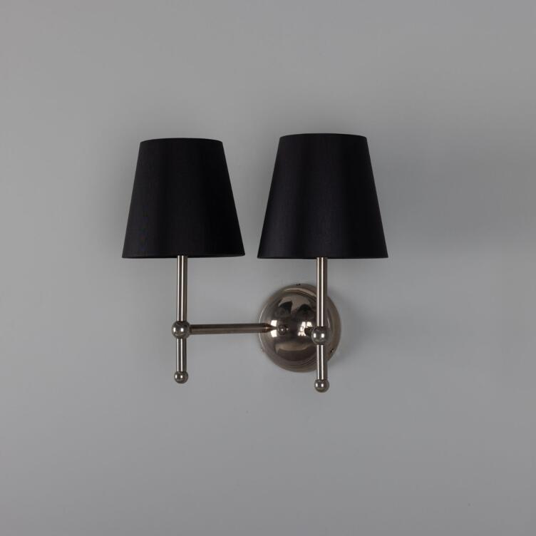 Bursa Modern Brass Double Wall Light with Fabric Shades, Antique Silver, Black Fabric Shade