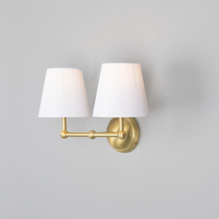 Busan Modern Brass Double Wall Light with Fabric Shades, Satin Brass, White Fabric Shade
